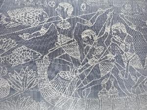 アンティーク　手織り紬エジプト壁画模様織出し名古屋帯